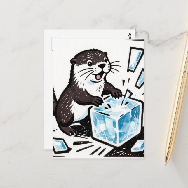 Adorable otter breaking an ice block  postkarte (Vorderseite/Rückseite Beispiel)