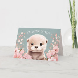 Adorable Otter Girl Baby Duschkabine & Pink Floral Dankeskarte