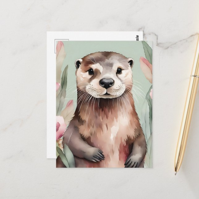 Adorable Otter Wasserfarbe Postkarte (Vorderseite/Rückseite Beispiel)
