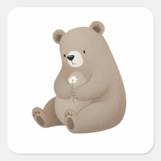 Adorable Ours Brun à la Marguerite – Illustration  Quadratischer Aufkleber