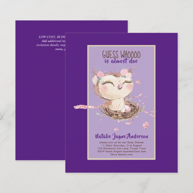 Adorable OWL Baby Shower Girls oder Boys Einladung (Vorne/Hinten)