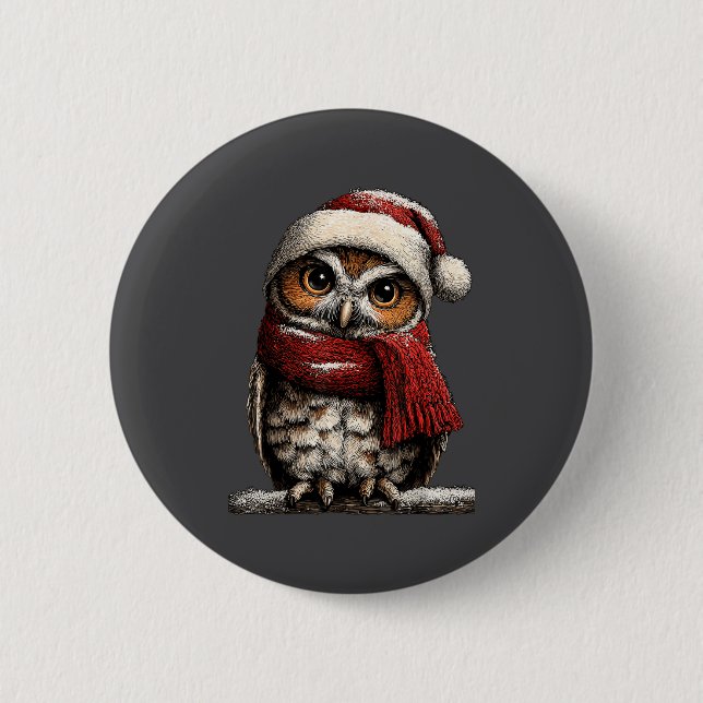 Adorable Owl With Santa Hat Snowy Winter Christmas Button (Vorderseite)
