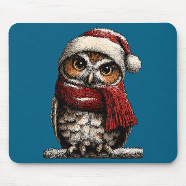 Adorable Owl With Santa Hat Snowy Winter Christmas Mousepad (Vorne)