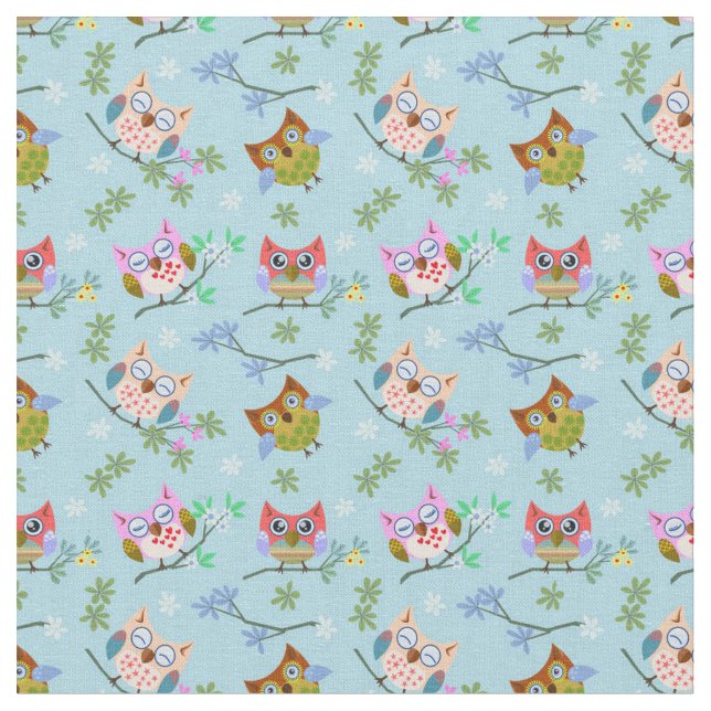 Adorable Owls auf blauem Hintergrund Stoff (Nahaufnahme)