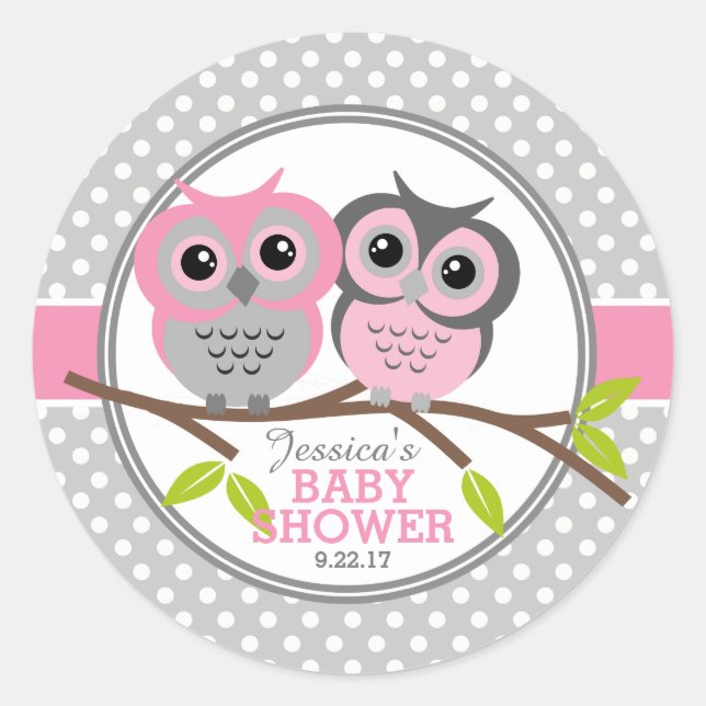 Adorable Owls Baby Dusche Runder Aufkleber (Vorderseite)