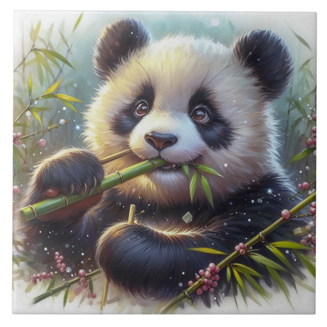 Adorable Panda Bären essen Bambus Fliese (Vorderseite)