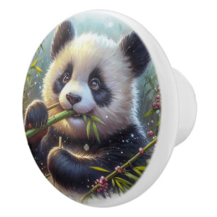 Adorable Panda Bären essen Bambus Keramikknauf