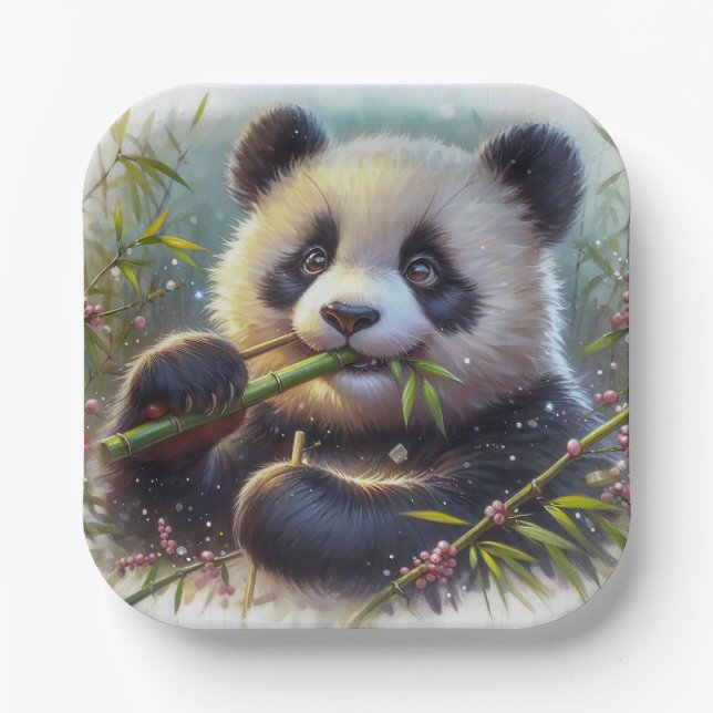 Adorable Panda Bären essen Bambus Pappteller (Vorderseite)