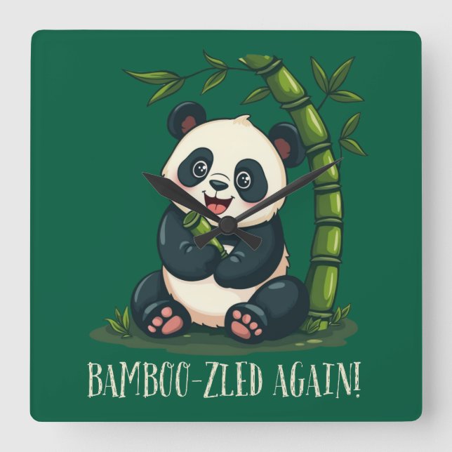 Adorable Panda Hugging Bamboo Niedlicher Cartoon G Quadratische Wanduhr (Vorderseite)