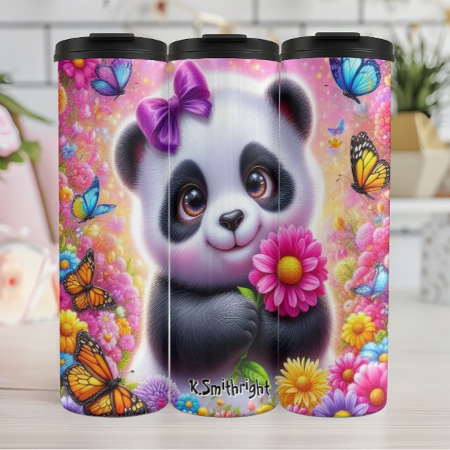 Adorable Panda mit heller Blume Thermosbecher (Von Creator hochgeladen)