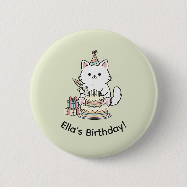 Adorable Party Cat Birthday Cake Light Yellow Art Button (Vorderseite)