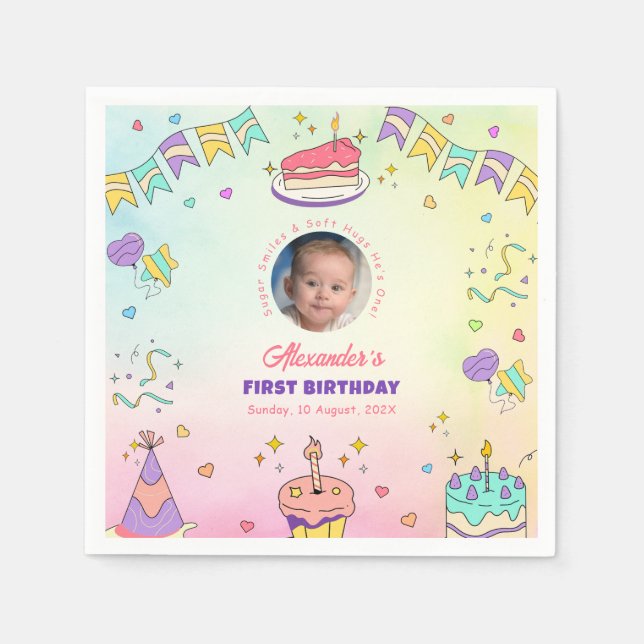 Adorable Pastel Baby Boy 1st Birthday Photo Napkin Serviette (Vorderseite)