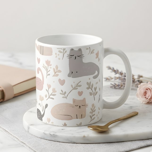 Adorable Pastel Cat & Floral Pattern Coffee Kaffeetasse (Von Creator hochgeladen)