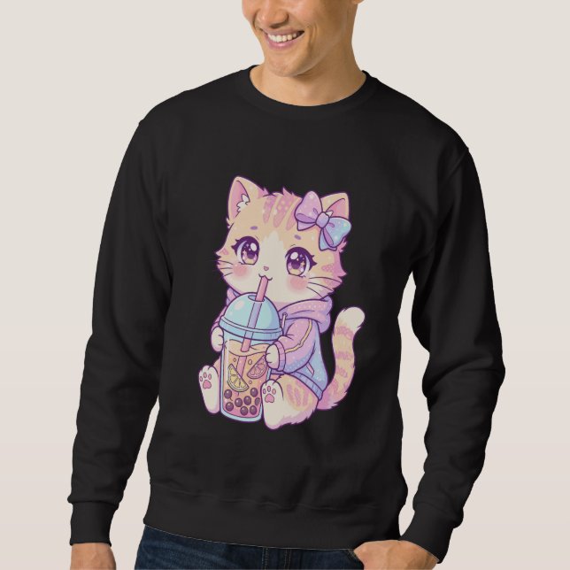 Adorable Pastel Tabby Cat Drinking Boba Art Kawaii Sweatshirt (Vorderseite)