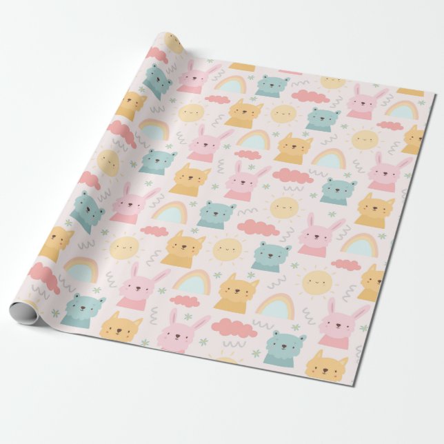 Adorable Pastel Tiermuster Geschenkpapier (Ungerollt)