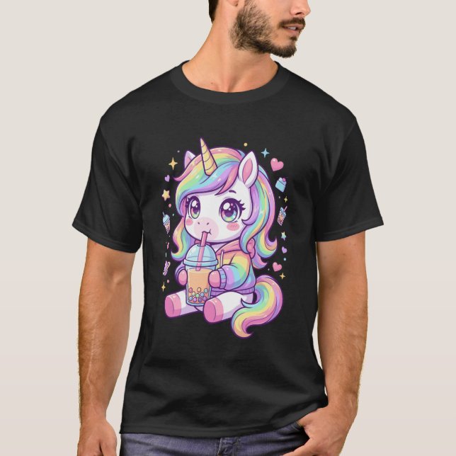 Adorable Pastel Unicorn Drinking Boba Art Kawaii P T-Shirt (Vorderseite)