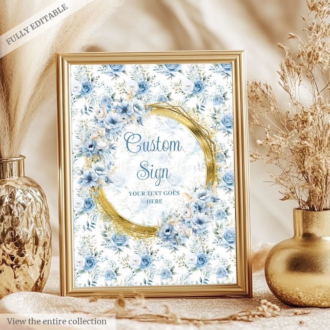Adorable pastellblaue Blüten Goldbarsch-Sonderzeic Poster (Adorable pastel blue flowers gold boho custom sign)