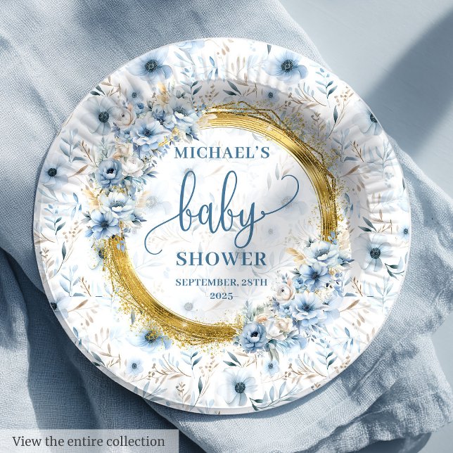 Adorable pastellblaue Blüten Goldbrasse Dusche Pappteller (Adorable pastel blue flowers gold boho shower paper plates)