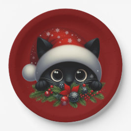 Adorable Peeking Weihnachts Schwarze Katze Pappteller