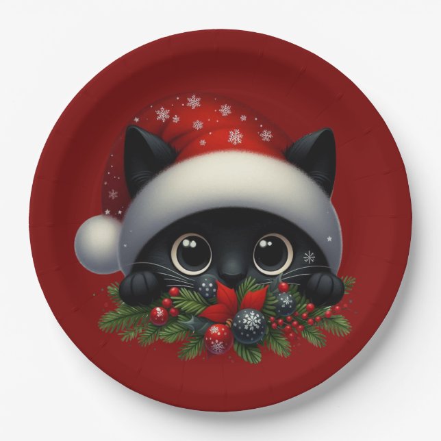 Adorable Peeking Weihnachts Schwarze Katze Pappteller (Vorderseite)