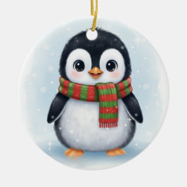 Adorable Penguin in Scarf Icy White Winter Keramik Ornament