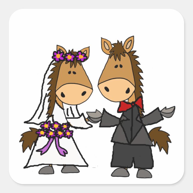Adorable Pferde Braut und Groom Hochzeit Quadratischer Aufkleber (Vorderseite)