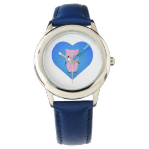 Adorable Pig mit einem blauen Herz im Hintergrund Armbanduhr