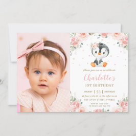 Adorable Pinguin Blush Bloral 1. Geburtstag Foto Einladung