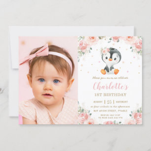 Adorable Pinguin Blush Bloral 1. Geburtstag Foto Einladung