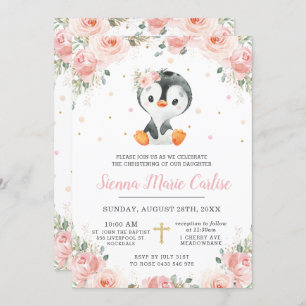 Adorable Pinguin Blush Floral Girening Einladung