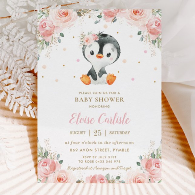 Adorable Pinguin Blush Floral Girl Babydusche Einladung (Von Creator hochgeladen)