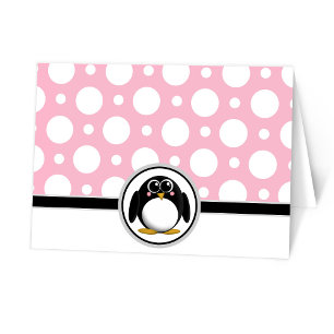 Adorable Pinguin Custom Pink Polka Dot Cards Dankeskarte