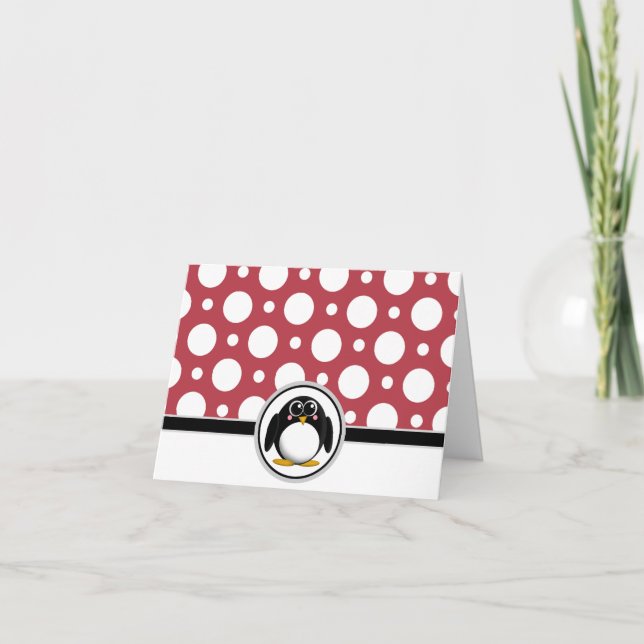 Adorable Pinguin Custom Red Polka Dot Cards Dankeskarte (Vorderseite)