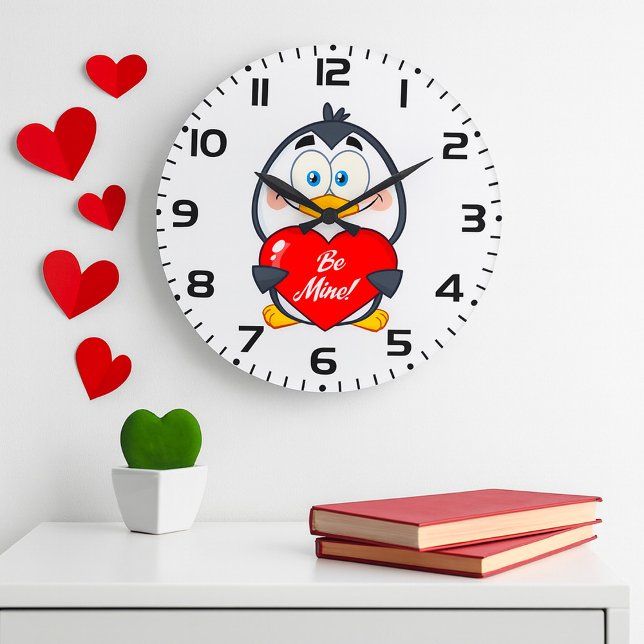 Adorable Pinguin Holding Be Mine Herz Große Wanduhr (Von Creator hochgeladen)
