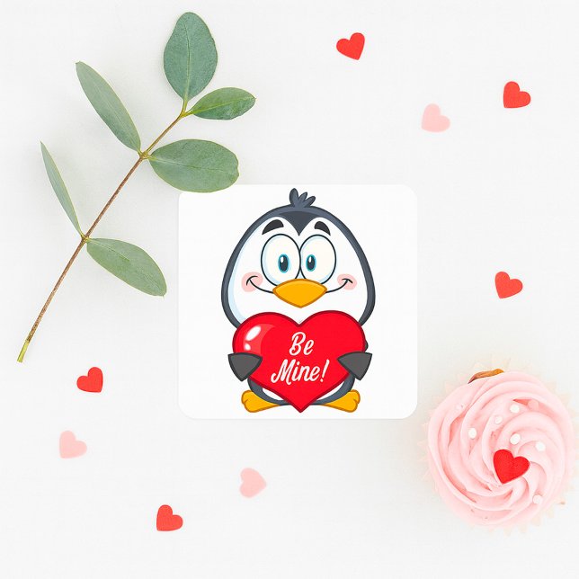 Adorable Pinguin Holding Be Mine Herz Quadratischer Aufkleber (Von Creator hochgeladen)