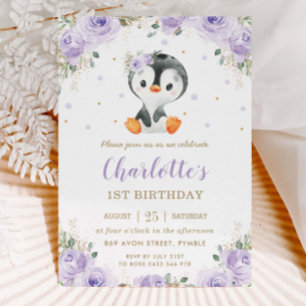 Adorable Pinguin Lila Blütenmädchen 1. Geburtstag Einladung