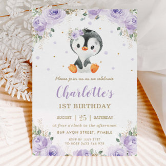 Adorable Pinguin Lila Blütenmädchen 1. Geburtstag Einladung
