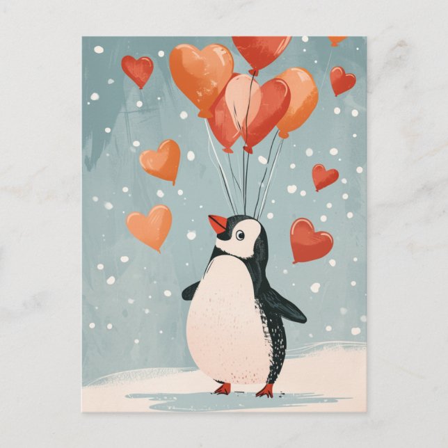 Adorable Pinguin mit Herzballon Postkarte (Vorderseite)