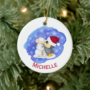 Adorable Pinguin und Snowman Name Keramik Ornament