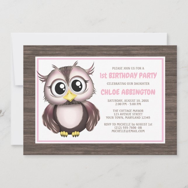 Adorable Pink Brown Owl Einladungen zum Geburtstag (Vorderseite)