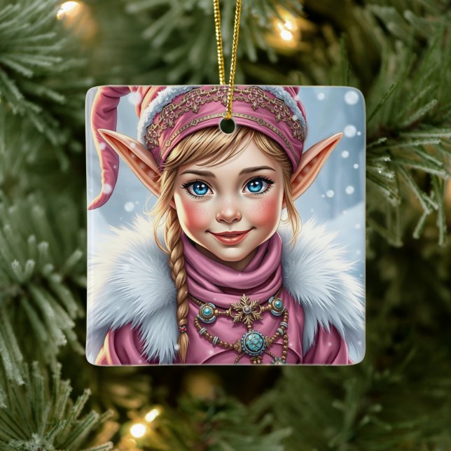 Adorable Pink Elf Feierliche Weihnachten Keramikornament (Baum)