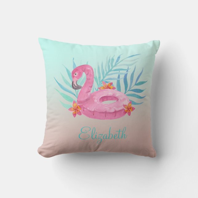 Adorable Pink Flamingo Palm Blätter Kissen (Vorderseite)