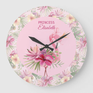 Adorable Pink Floral Flamingo Große Wanduhr