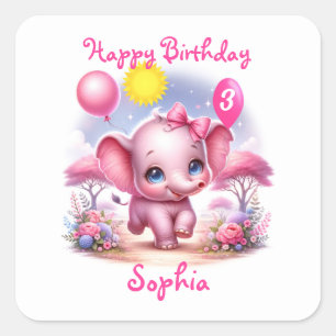 Adorable Pink Geburtstagselefone mit Balloons Quadratischer Aufkleber