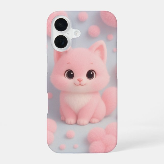 Adorable Pink Kitten mit flauschigen Pom-Poms iPhone 16 Hülle (Rückseite)