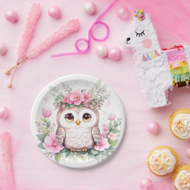 Adorable Pink Owl Girl Babydusche Pappteller (Party)