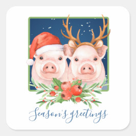 Adorable Pink Pig Couple Weihnachten Quadratischer Aufkleber
