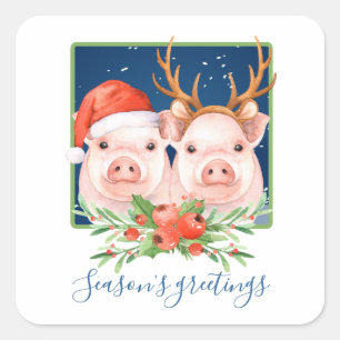 Adorable Pink Pig Couple Weihnachten Quadratischer Aufkleber