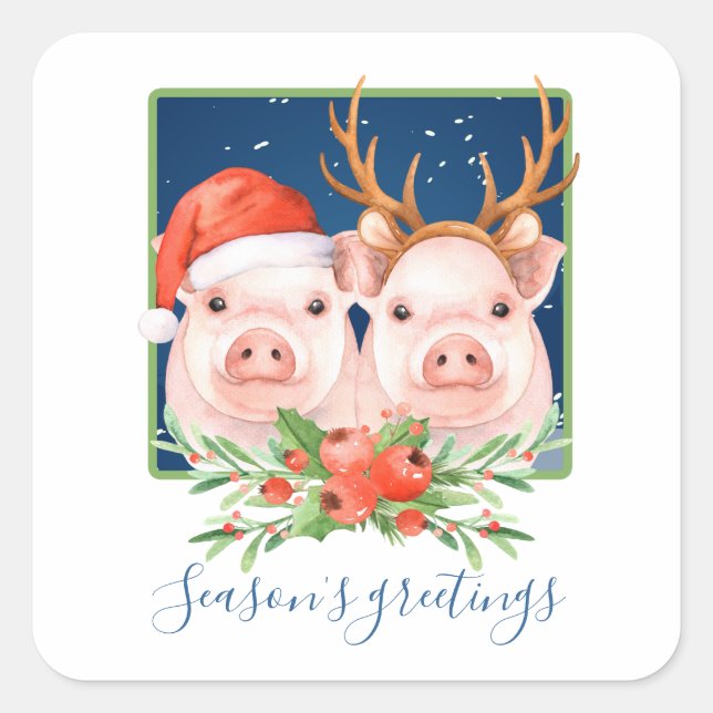 Adorable Pink Pig Couple Weihnachten Quadratischer Aufkleber (Vorderseite)