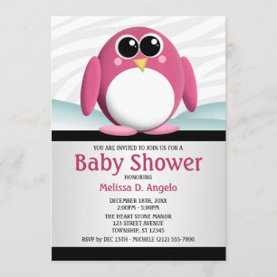Adorable Pink Pinguin Babydusche Einladungen